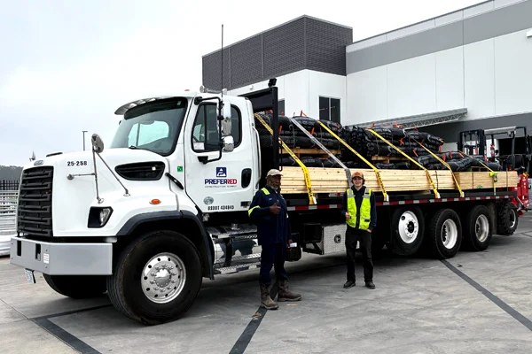 Preferred Supply flatbed truck loaded with construction materials and pipe products at a commercial facility with two employees standing beside the truck.