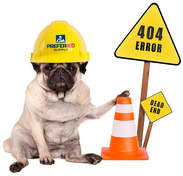 Dog wearing construction hard hat next to traffic cone and signs showing 404 error and dead end message.