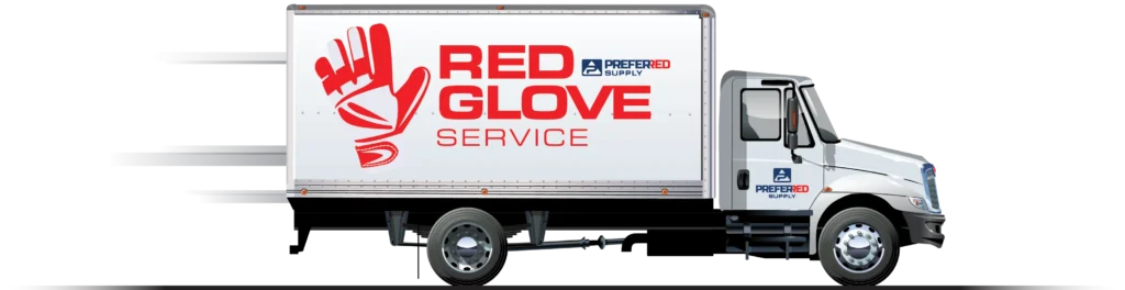Branded Preferred Supply Red Glove Service delivery truck illustrating inventory management and supply delivery program.